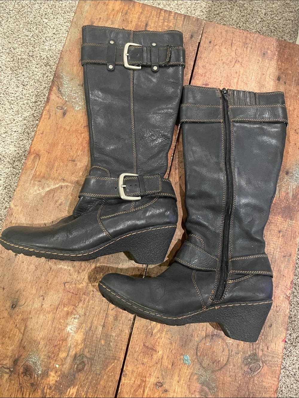 boc Dark Brown Black Leather Mid-Calf Buckle Wedge Boots